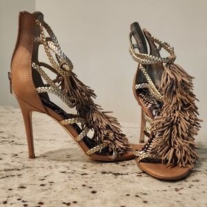 Sam Edelman Tan and Gold Stiletto Fringe Heels